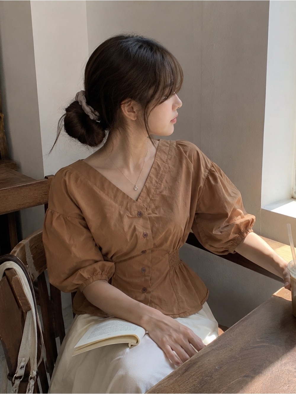 Japanese Cotton Blend Puff Sleeve Peplum Blouse